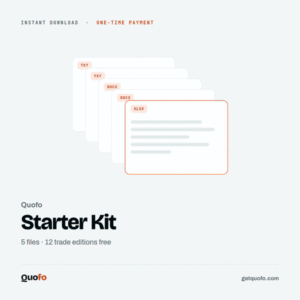 Quofo Starter Kit: five files as an instant download, one-time payment, twelve trade editions free